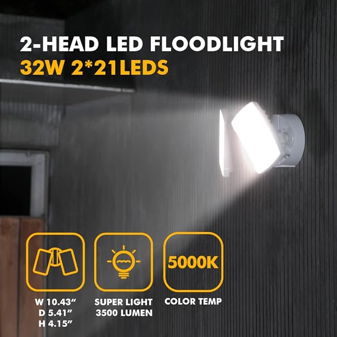 LUTEC LED 3500 Lumen 32W 5000K Integrated Dual-Head Flood Light Outdoor Dusk to Dawn Waterproof Exterior Security Wall Light for Patio Garden Yard