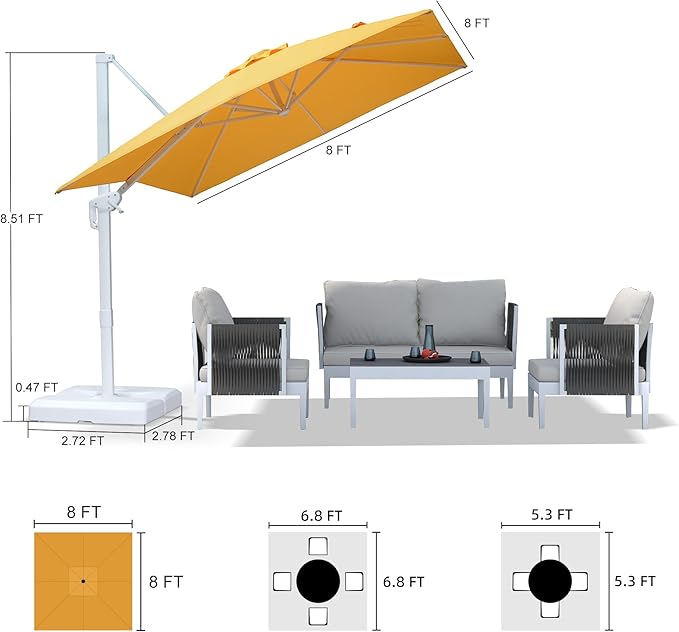 PURPLE LEAF 8 FT Patio Umbrella With Base White Cantilever Umbrella Square Outdoor Offset Umbrella Windproof with 360° Rotation for Garden Deck Pool, Yellow