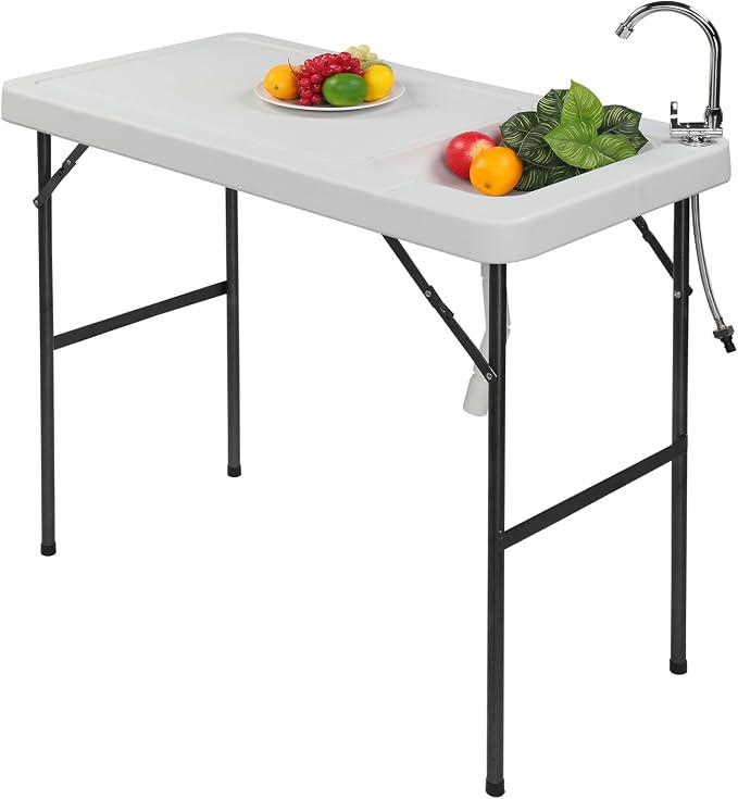 Outdoor Sink Fish Cleaning Table,Folding Fish Cleaning Table, Portable Camping Tables,Portable Camping with Cutting Tables with Sink Faucet,Outdoor Fillet Station for Picnic, White