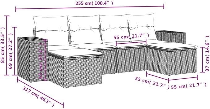 vidaXL Patio Sofa Set with Cushions 6 Piece, Outdoor Conversation Set, Sectional Sofa for Balcony Garden, Modern Style, Black Poly Rattan