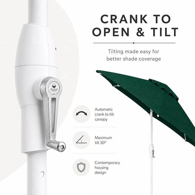 Treasure Garden 9ft Patio Umbrella - Outdoor Furniture Market Umbrella – Deluxe Auto-Tilt – White Aluminum Frame (Sunbrella, Forest Green)