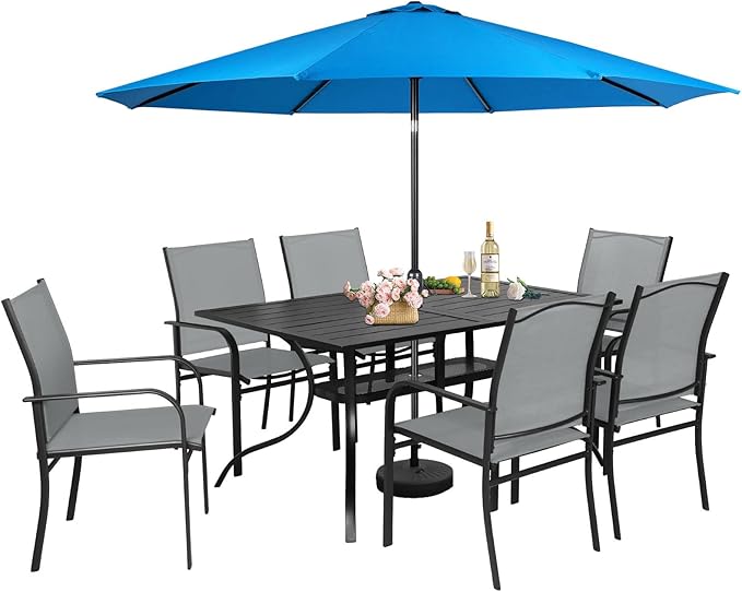 Incbruce 8 Pieces Patio Dining Set with Sky Blue Umbrella, Outdoor Dining Set of 6 Textilene Chairs and Rectangle Table with Umbrella Hole for Backyard, Garden, and Poolside (Grey)