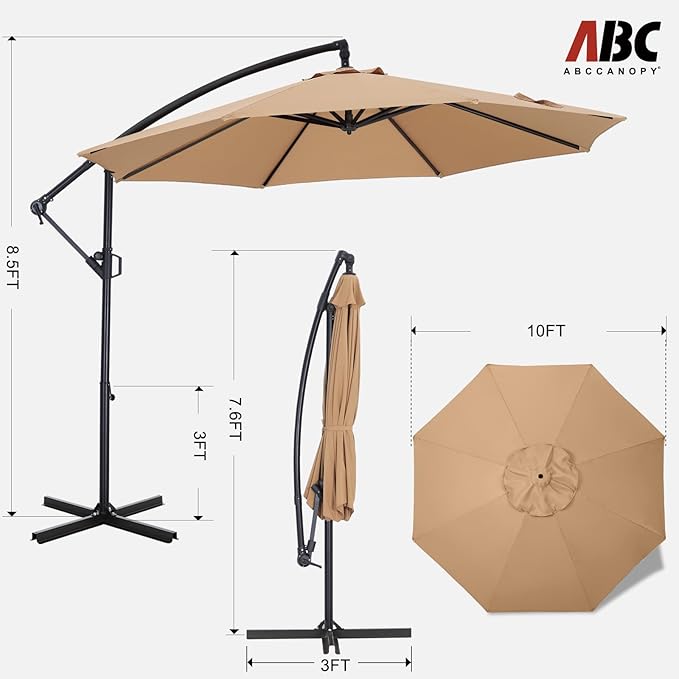 ABCCANOPY 10FT Cantilever Patio Umbrella with base included, 360° Rotation Outdoor Offset Umbrella for Backyard, Deck, Poolside (Khaki)