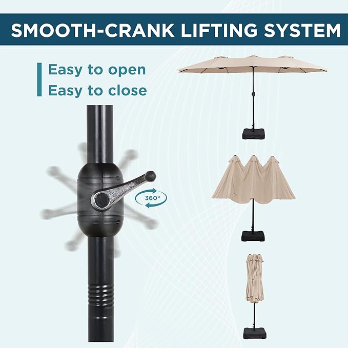 15FT Extra Large Patio Umbrella with Base Included, Heavy Duty Rectangle Outdoor Market Umbrella with 12 Strong Ribs for Patio, Garden, Lawn, Deck & Pool