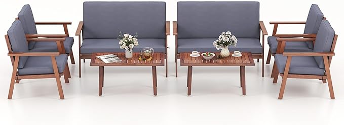 Tangkula 8 Piece Outdoor Conversation Set, Acacia Wood Sofa Set with Soft Seat & Back Cushions, Rectangle Coffee Table Patio Wood Furniture Set for Backyard, Poolside, Garden (2, Gray)