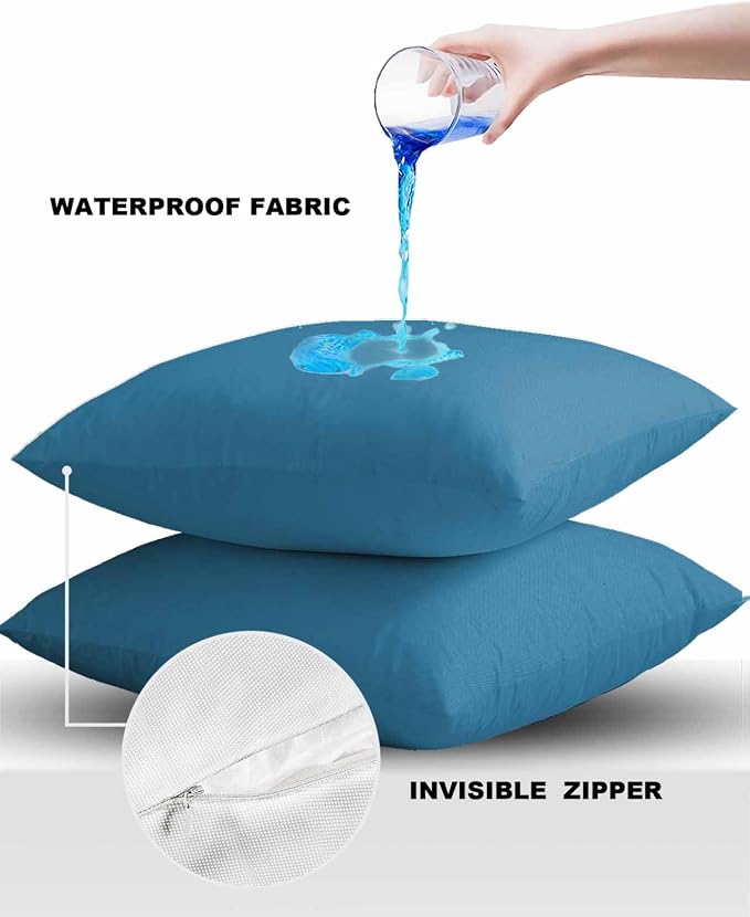 Outdoor Waterproof Throw Pillow Covers 24x24in, Wave Blue Summer Cushions for Garden Patio Furniture Chairs Set of 2, Solid Color Home Decor Couch Sofa Polyester Pillow Cases