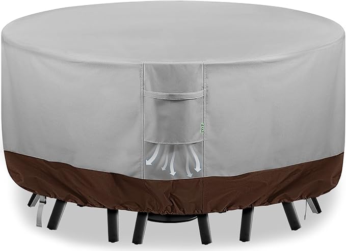 Round Patio Furniture Covers, 84" DIA x 28 H Waterproof Outdoor Furniture Cover for Patio Table & Chair Sets, 600D Heavy-duty UV-Resistant Fade-Proof Protection, Grey & Brown