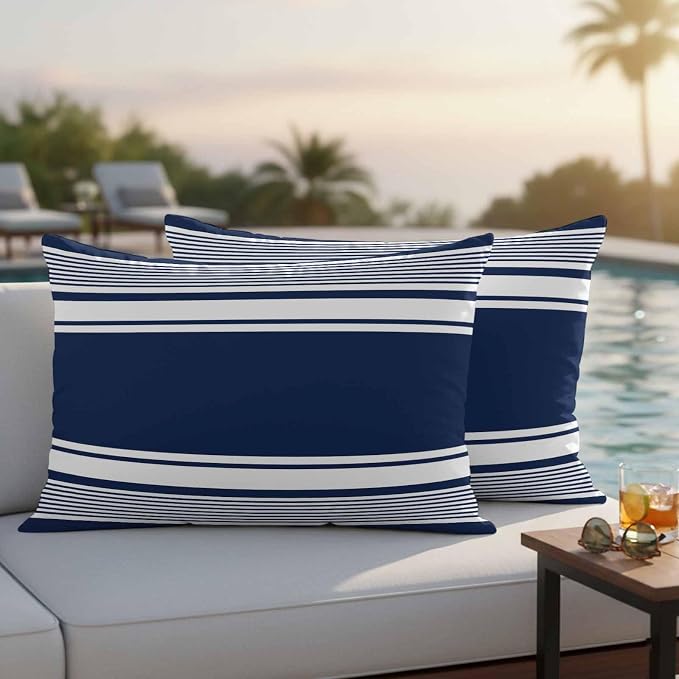 Outdoor Waterproof Throw Pillow Covers, Navy Blue Striped Decorative Pillow Cases, Modern Color Block Farmhouse Stripes Couch Pillow Protector Patio Sofa Cushion Covers Replacement 20"x12" 2 Pack