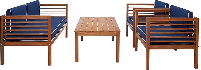 SAFAVIEH Outdoor Collection Alda Natural/Navy Cushion with White Piping 4-Piece Conversation Patio Set