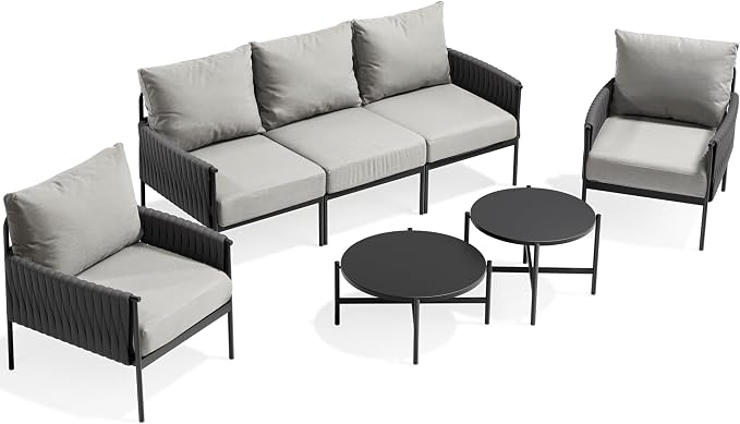 Pamapic 7-Piece Woven Rope Outdoor Furniture Set, Iron Frame Patio Conversation Set with Thick Cushions & 2 Coffee Tables, All-Weather Sectional Patio Furniture Set for Backyard, Porch, Grey