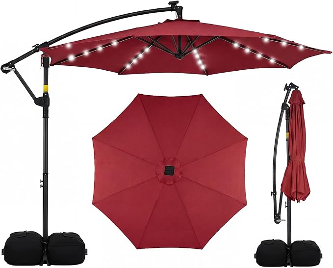 Tangkula 10ft Solar Patio Umbrella with Base Included, Offset Cantilever Outdoor Umbrella with 32 LED Lights, 360 Degree Rotation, Crank Handle for Pool Deck Garden Backyard (Wine)
