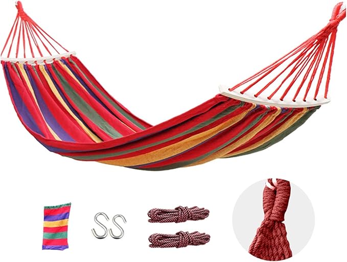 Camping Hammock, Double Hammock with Spreader Bars 190x150cm Camping Hammock Outdoor, with Thickened Durable Canvas Fabric, 480 lb Load Capacity, for Backyard, Garden(Rojo)