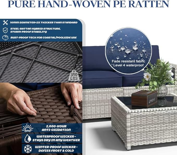 6 Pieces Wide Armrest Patio Furniture Set, Rattan Sectional Furniture with Thickened Cushions, Outdoor Patio Conversation Sets for Backyard, Poolside, Garden, Off-White & Navy Blue, Set of 6