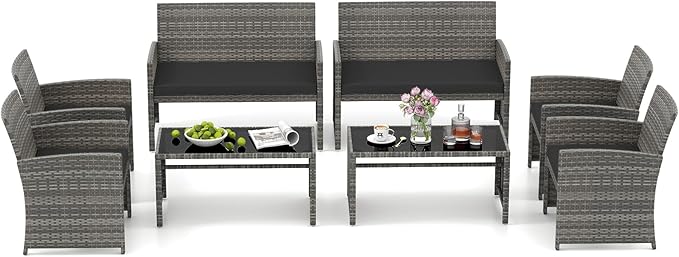HAPPYGRILL 8 Piece Rattan Wicker Patio Conversation Set, Outdoor Furniture with Chair Loveseat Table & Cushion, for Backyard Porch Balcony (2, Black)