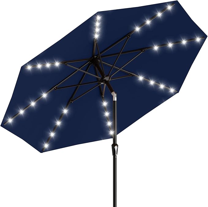 AreShark 9FT Patio Umbrella with Solar Lights, 32 Lighted Pool Umbrella w/Tilt and Crank, Outdoor Market Solar Umbrellas for Garden, Deck, Backyard, Pool and Beach, Navy