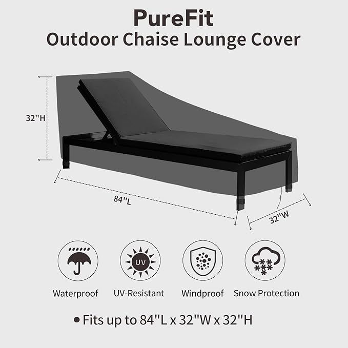 PureFit Outdoor Chaise Lounge Cover, Lounge Chair Covers Waterproof Patio Furniture Lounge Chair Cover, UV Resistant & Weatherproof, 1 Pack, 84"L x 32"W x 32"H Inches, Black
