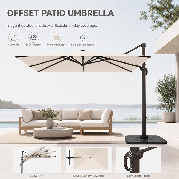 Cantilever Patio Umbrella, Large Square Outdoor Offset Umbrella with Aluminum Pole, 360-degree Rotation for Garden, Deck, Pool