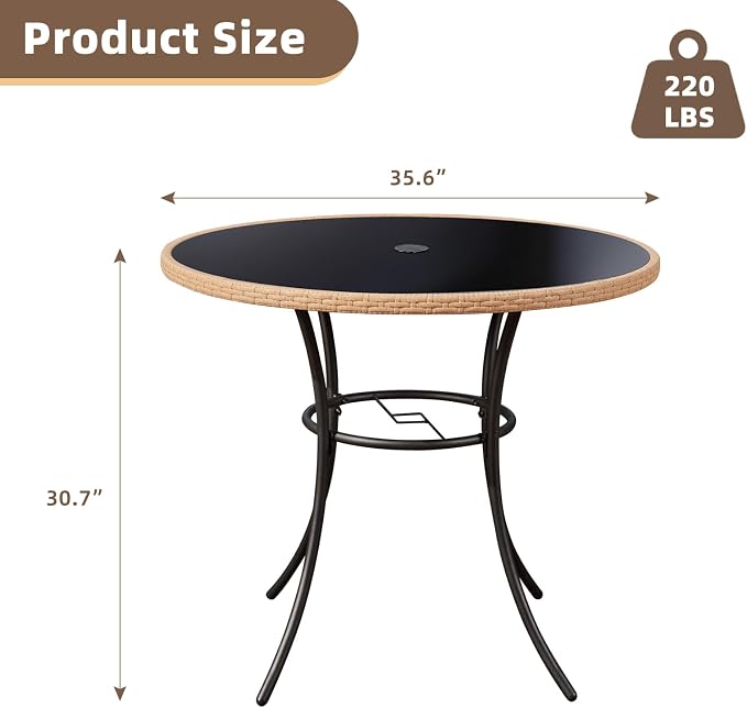 AVAWING 35.6-Inch Round Outdoor Dining Table for 4-6, All-Weather Steel Frame & Glass Tabletop with Umbrella Hole, Patio Furniture for Garden, Backyard, Poolside, Black(Only Table)