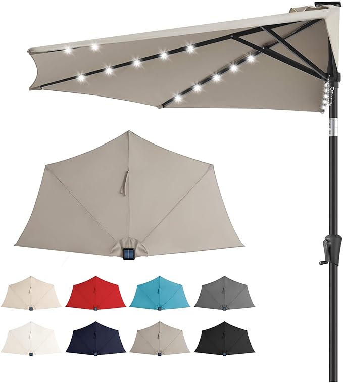 9ft Solar Half Umbrellas Outdoor - LED Half Patio Umbrella with 25 Lights, UV Protection Waterprool, Half Round Umbrella for Wall Balcony, Pool, Porch, Garden, Deck, Backyard, Taupe