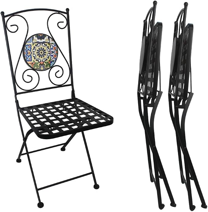 3 Piece Bistro Sets Mosaic Tile Round Table Folding Chairs Garden | Set of 3 Patio Furniture 23.6" Table and 2 Chairs Outdoor Bistro Chairs Artistic Table for Balcony Porch Apartment Backyard