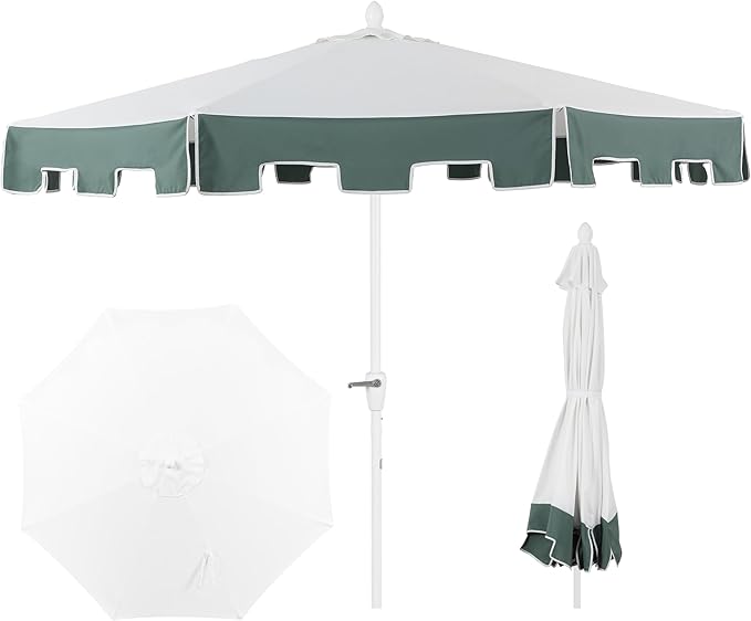 JONATHAN Y Baiona 9 ft. White/Green Outdoor Patio Umbrella with Crank Lift and Tilt, 8 Ribs UV-Resistant Market Table Umbrella with Square Trim for Pool, Deck, Coastal, White Pole UMB1000D