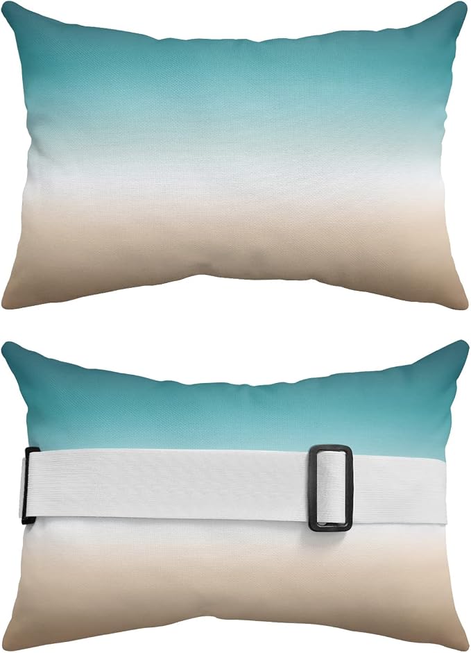 Outdoor Chaise Lounge Head Pillow, Ombre Color Throw Pillow Soft Lumbar Pillows with Elastic Straps and Insert, 1 Pack Headrest Cushion for Patio Pool Beach 11x16 Khaki and Aqua Painting