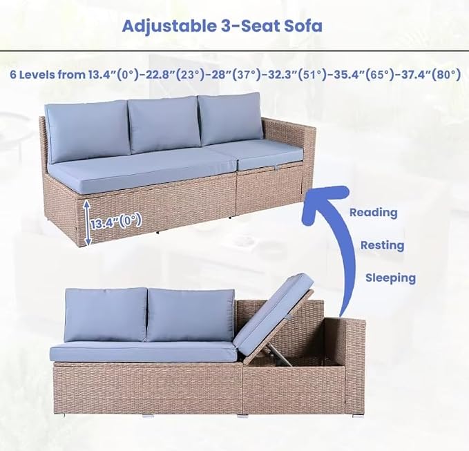 6 Piece Outdoor PE Wicker Patio Furniture Set All Weather Outdoor Conversation Sectional Sofa Set with Adjustable Seats for Backyard