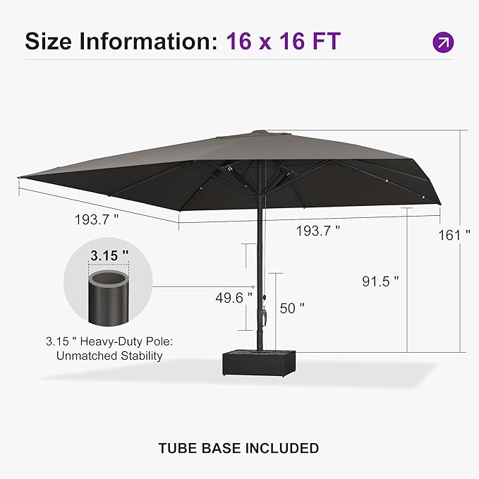 PURPLE LEAF 16' x 16' Square Semi-Auto Outdoor Patio Umbrella Aluminium Market Umbrella Table Sun Umbrella with 3.15" Rod and 8 Sturdy Ribs for Deck Lawn Pool Garden, Gray