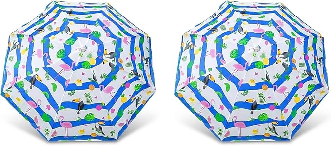 PMU 2 Pcs 6ft Tropical Beach Umbrella – Blue & White Stripes with Flamingo, Toucan & Leaf Print, 72in Open, 160G Polyester, Large Outdoor Patio Pool Parasol Umbrella for Garden, Deck, Backyard & Pool