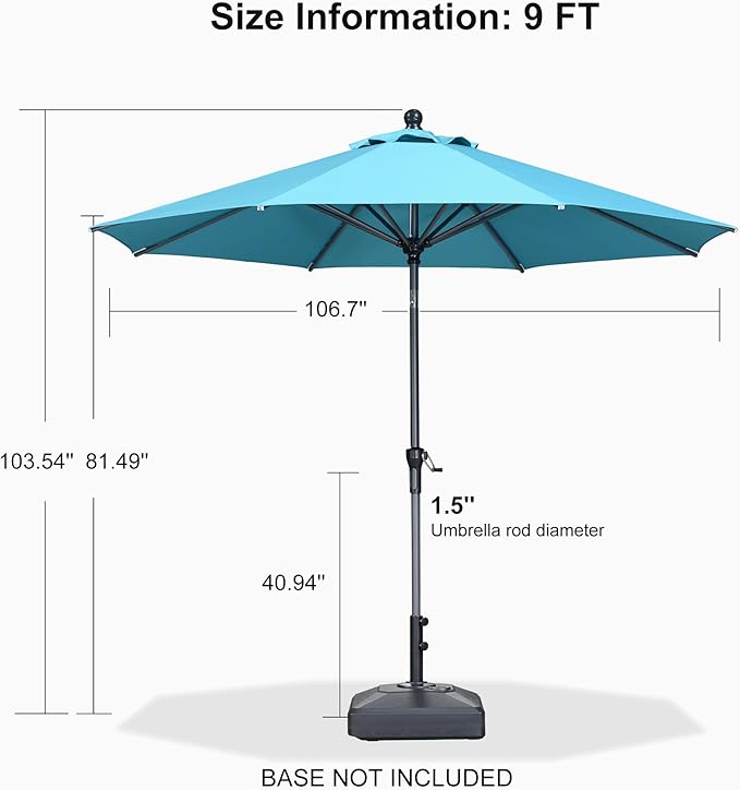 PURPLE LEAF 9' Round Patio Umbrella Outdoor Table Umbrella Aluminum Frame Market Umbrella Sun Umbrella with 8 Sturdy Ribs Tilt for Garden Deck Lawn Pool Turquoise Blue