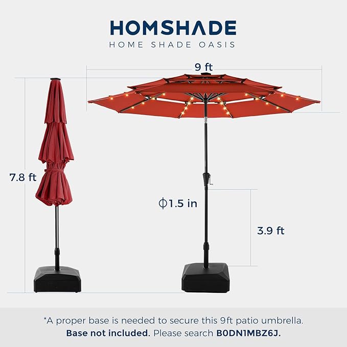 HOMSHADE 9FT 3-Tier Solar Patio Umbrella Heavy Duty, Vented Market Table Umbrella Windproof w/32 LED Lights, UPF50+, 5-year Fade Resistant, for Pool, Lawn, Garden, Deck (Neon Orange,No Base)