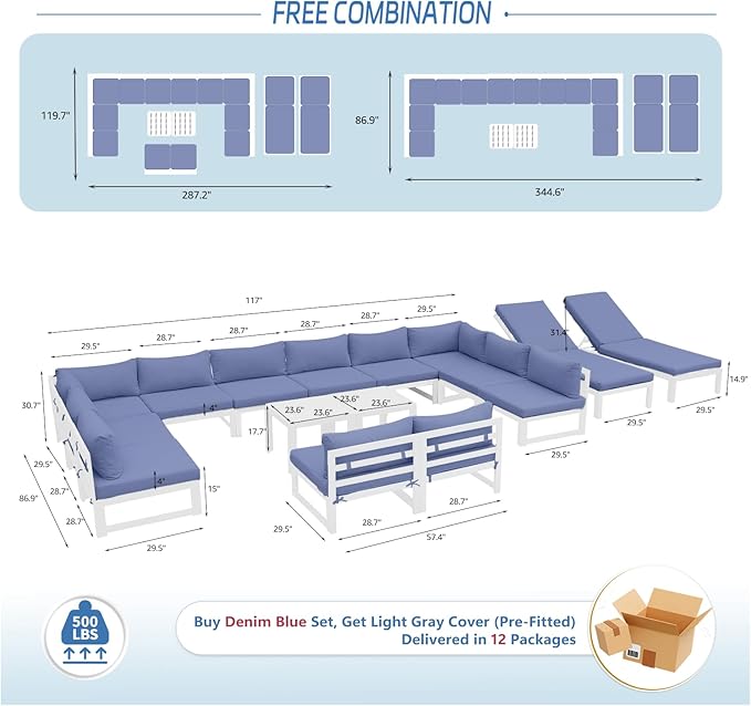 NICESOUL 16 Piece XL Aluminum Patio Sectional Furniture Set with Chaise, 500 lbs Heavy Duty Anti-Rust Outdoor Couch, 29" Extra Deep Wide Seating, High End Conversation Sofa for Poolside, Denim Blue