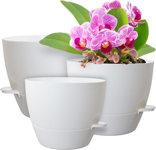 WSMKSZ 10/9/8 inch Medium Self Watering Pots, Plant Pots with Mesh Drainage Holes for Indoor Outdoor Garden Plants, Flower Pots with Removable Reservoir, Set of 3 Plastic Planters, White