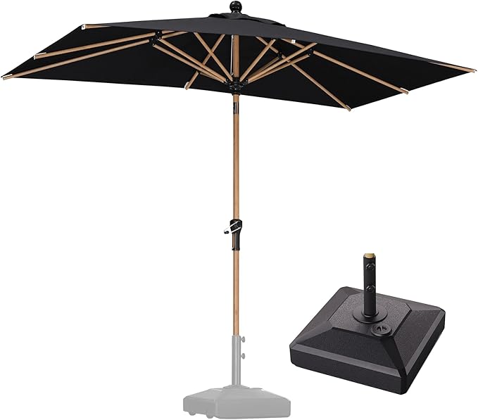 PURPLE LEAF 5' x 8' Patio Umbrella with Base Market Umbrella Rectangular Outdoor Umbrella with Push Button Tilt & Crank and 8 Ribs Aluminum Table Umbrella for Pool Backyard Beach, Black