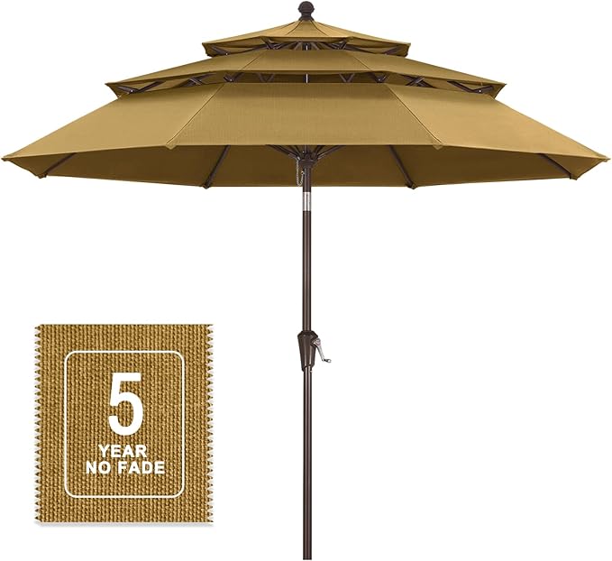 MASTERCANOPY 9ft 3-Tier Olefin Patio Umbrella with Tilt Crank, 5-Year-Non-Fading Canopy & 8 Fiberglass Ribs for Deck, Patio, and Garden, Chestnut