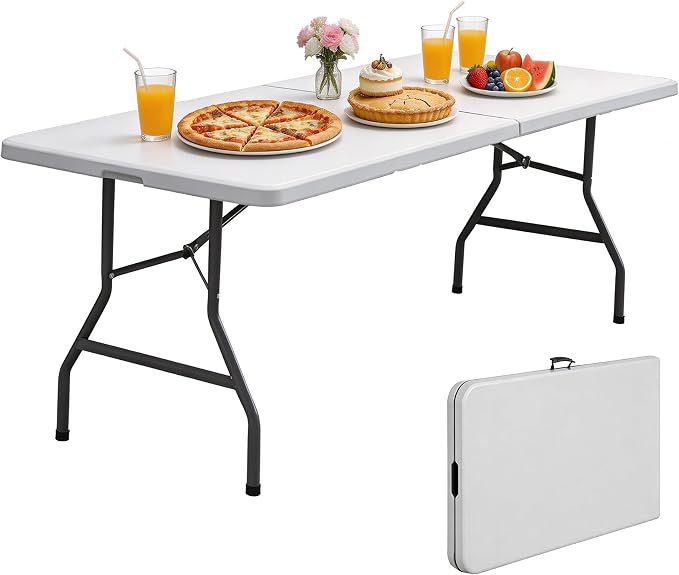 ZenStyle Indoor Outdoor 8ft Heavy Duty Folding Table - Portable Plastic Top w/Steel Legs & Handle for Camping, Picnics, Dining, Parties (White)