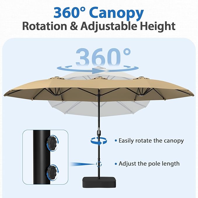 HOPERAN 15FT Patio Umbrella with Base Included, Large Outdoor Double-Sided Rectangle Table Umbrella with Easy Crank Lift, Market Umbrella for Backyard, Pool&Garden