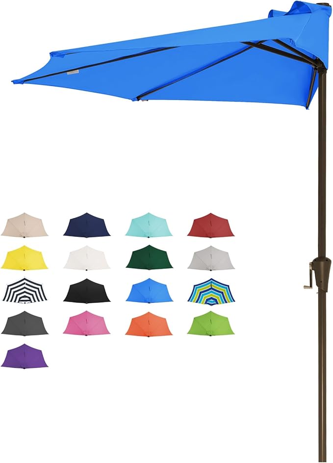 JEAREY 9ft Half Umbrella Outdoor Patio Umbrella Market Umbrellas with Crank, 1/2 Round Wall Umbrella 5 Sturdy Ribs UV Protection for Pool Garden Balcony Deck, Royal Blue