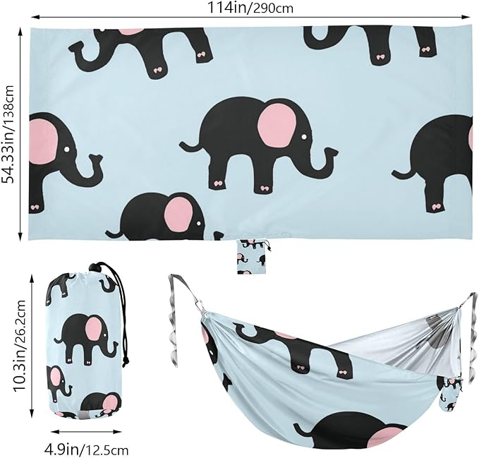 Cartoon Cute Black Elephant 330lb Capacity Outdoor Hammock with Hanging Rope Portable Hammock for Outside Patio Backyard Poolside hamacas para adultos con soporte