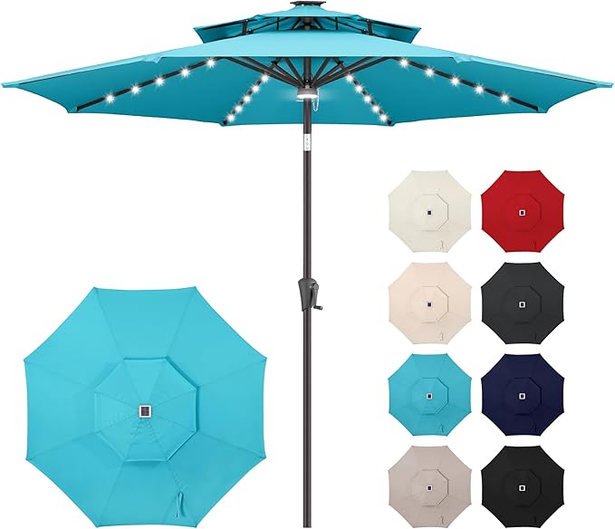 Jarka&Co 9ft Solar Patio Umbrella - 2 Tiers Solar Outdoor Umbrella with 40 LED Lights Waterprool UV Protection, Market Table Umbrella with Tilt for Backyard, Garden, Pool, Porch (Aqua Blue)