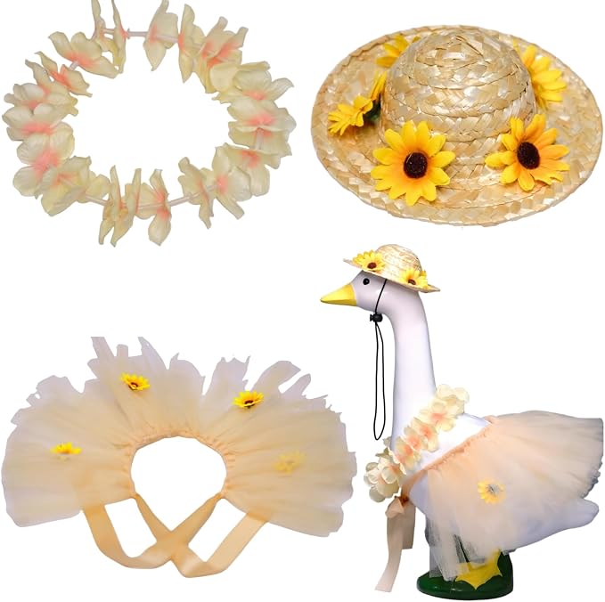 Porch Goose Outfits Summer 3-Piece Set – Hawaiian Skirt, Straw Hat & Lei for 17" & 23" Lawn Goose Decor, Garden & Yard Decoration