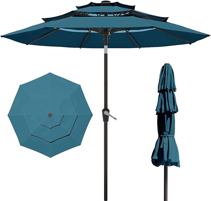 10FT Patio Umbrella 3 Tiers Outdoor Market Umbrella w/Push Button Tilt, Crank, UV and Waterproof Table Umbrella for Garden, Pool, Backyard, Deck, Lawn, Lake Blue
