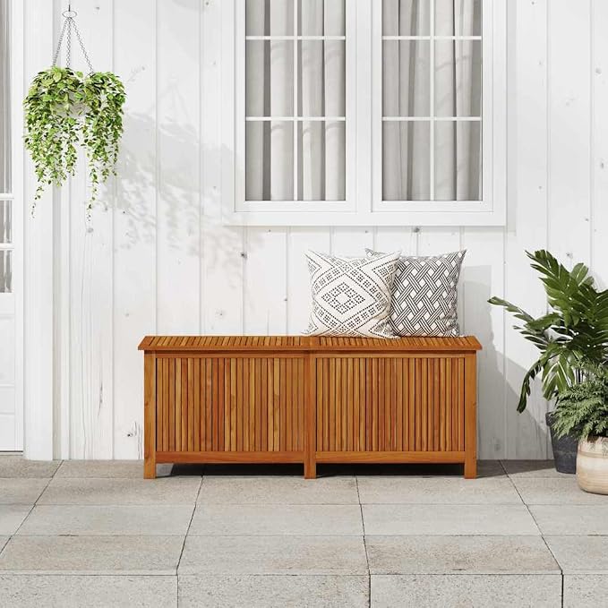 Outdoor Garden Storage Box, 59 Inch Large Acacia Wood Deck Box with Water-Resistant Inner Liner, Rustic Patio Furniture for Cushions and Blankets, Brown