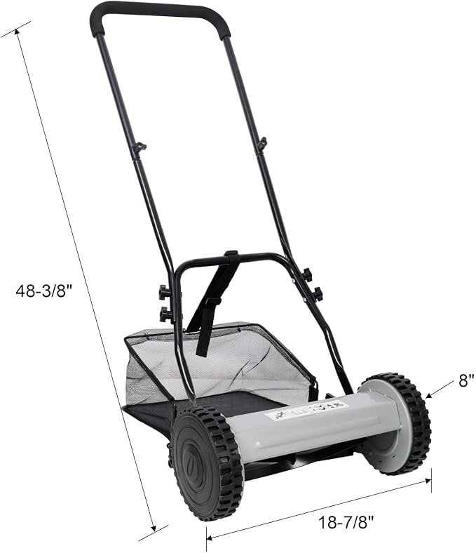 14-Inch 5-Blade Push Reel Lawn Mower with Grass Catcher, Adjustable Height 0.6-1.8 Inch, Manual Hand Push Mower with Heat-Treated Alloy Steel Blades, Gas-Free Grass Cutter, Gray