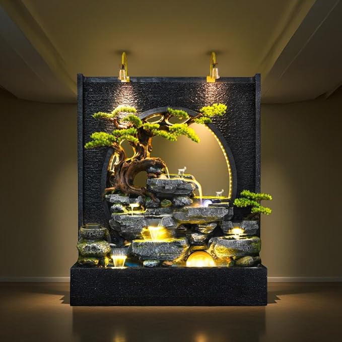 60" LED Outdoor Cement Fountain with Mist, Rock Waterfall & 50 Crystals – Zen Decor for Patio, Garden, Balcony or Housewarming (C)