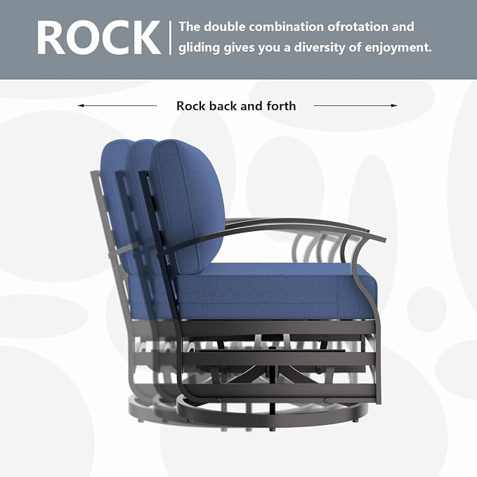 Outdoor Patio Furniture Set, 3 Piece Aluminum Metal Chairs Swivel Rocker, Overstuffed Washable Cushions Bistro Set for Porch, Balcony, Deck, Garden Navy