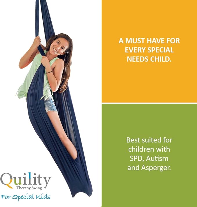 Quility Indoor Therapy Swing for Kids with Special Needs | Lycra Snuggle Swing | Cuddle Hammock for Children with Autism, ADHD, Aspergers | Ideal for Sensory Integration (Up to 77lbs, Dark Blue)