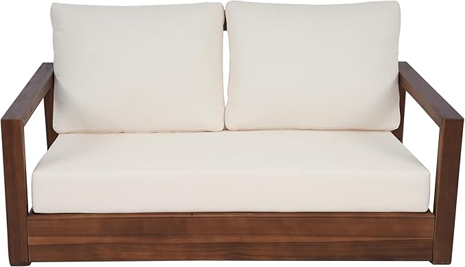 Christopher Knight Home Olaf 4 Pieces Outdoor Conversation Set, Acacia Wood Chat Set, Rectangular Coffee Table and Patio Loveseat with 2 Club Chairs, Patio Furniture Set with Cushion, Beige+Mocha