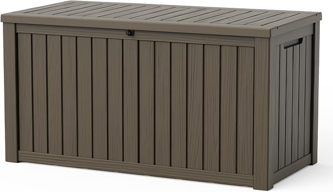 Pepe Tee 150 Gallon Waterproof Resin Deck Box, Outdoor Storage Bin for Patio Furniture Cushions, All-Weather Garden Organizer & Seating Bench, Coffee