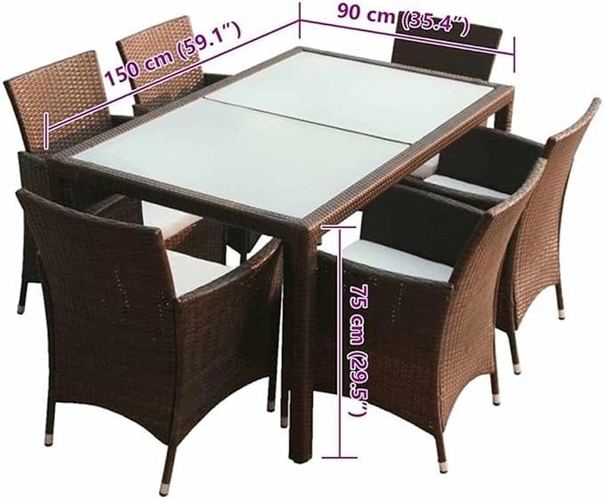 Afuera Living 7 Piece Patio Dining Set, Synthetic Poly Rattan, Brown Finish, Includes Table with Tempered Glass Top and 6 Chairs with Removable Cushions, Weather-Resistant Outdoor Furniture, Seats 6